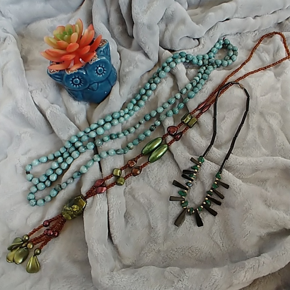 3 Vintage Estate Seed Bead Stone Necklace